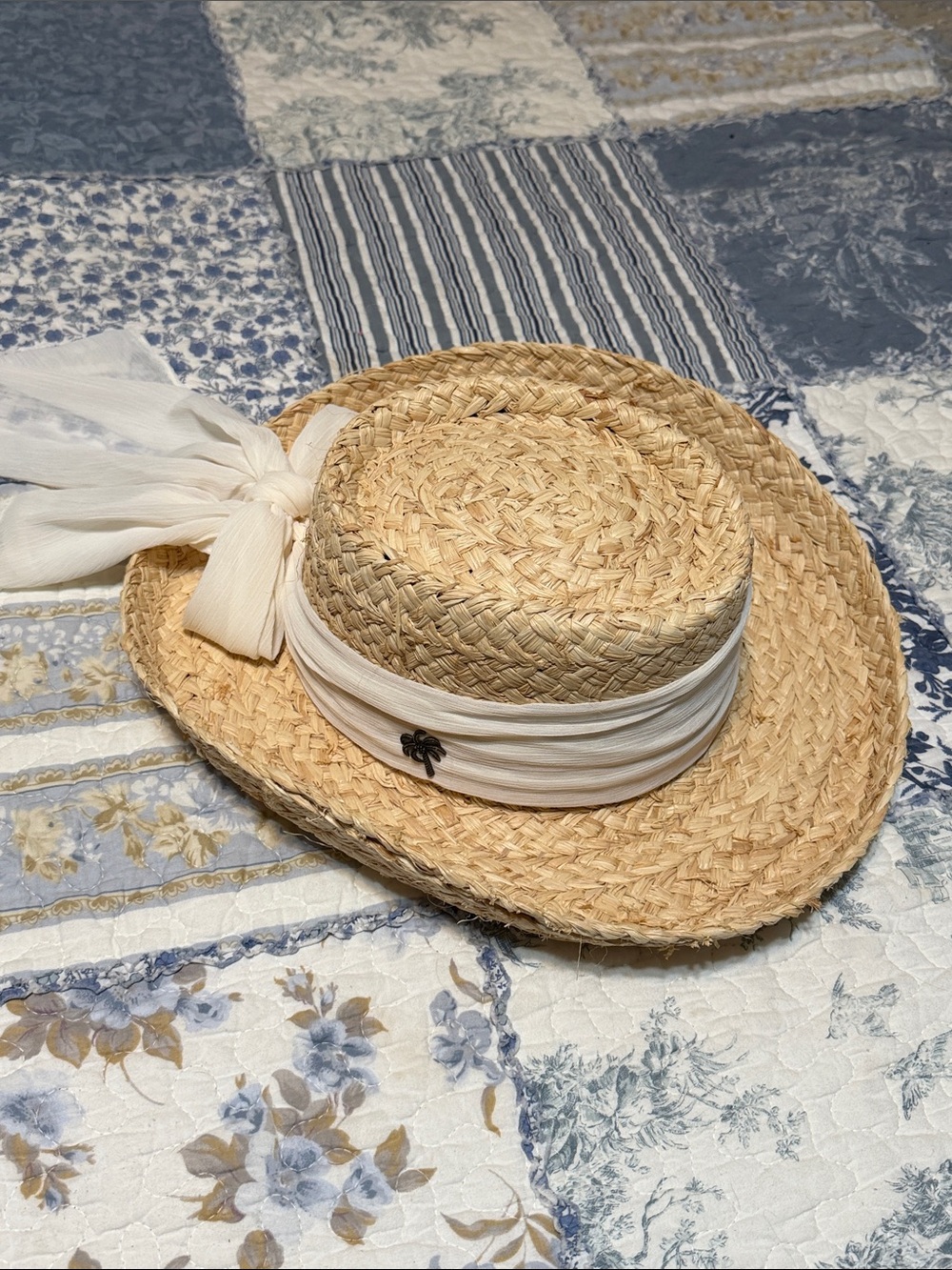 Straw Boater Hat with White Scarf Trim